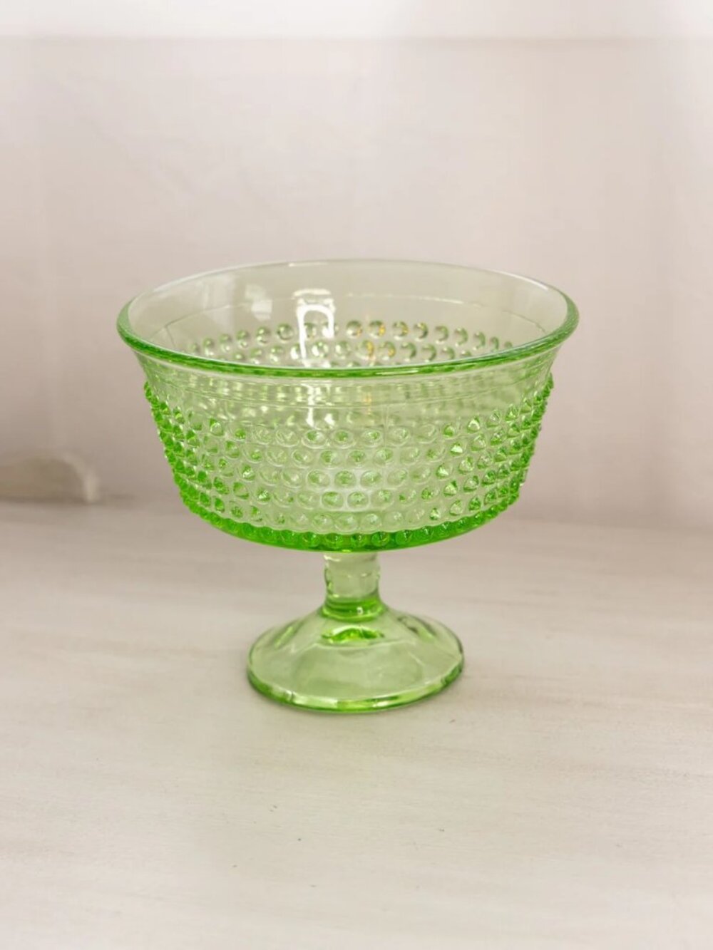 Vintage LE Smith Medium Green Glass Hobnail Flared Compote Footed Bowl